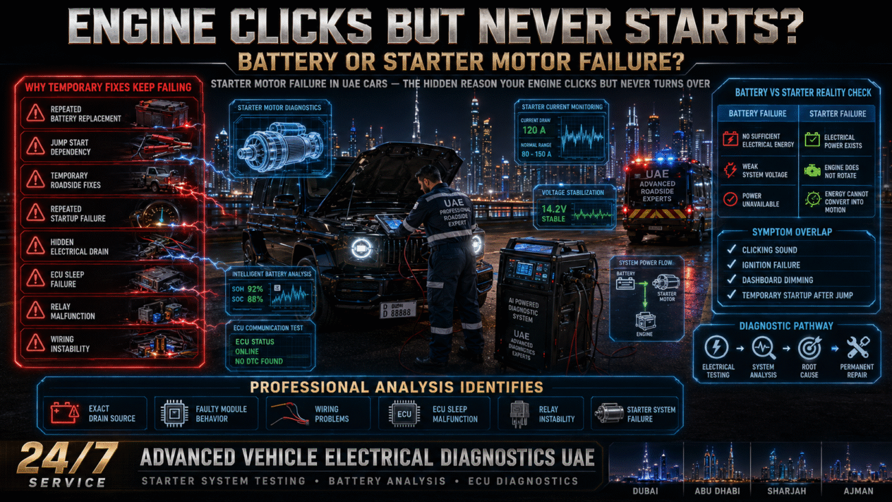 Professional UAE roadside technician diagnosing luxury SUV starter motor failure with advanced electrical testing equipment, battery system analysis, ECU diagnostics, and futuristic automotive recovery visuals in cinematic 16:9 infographic style.
