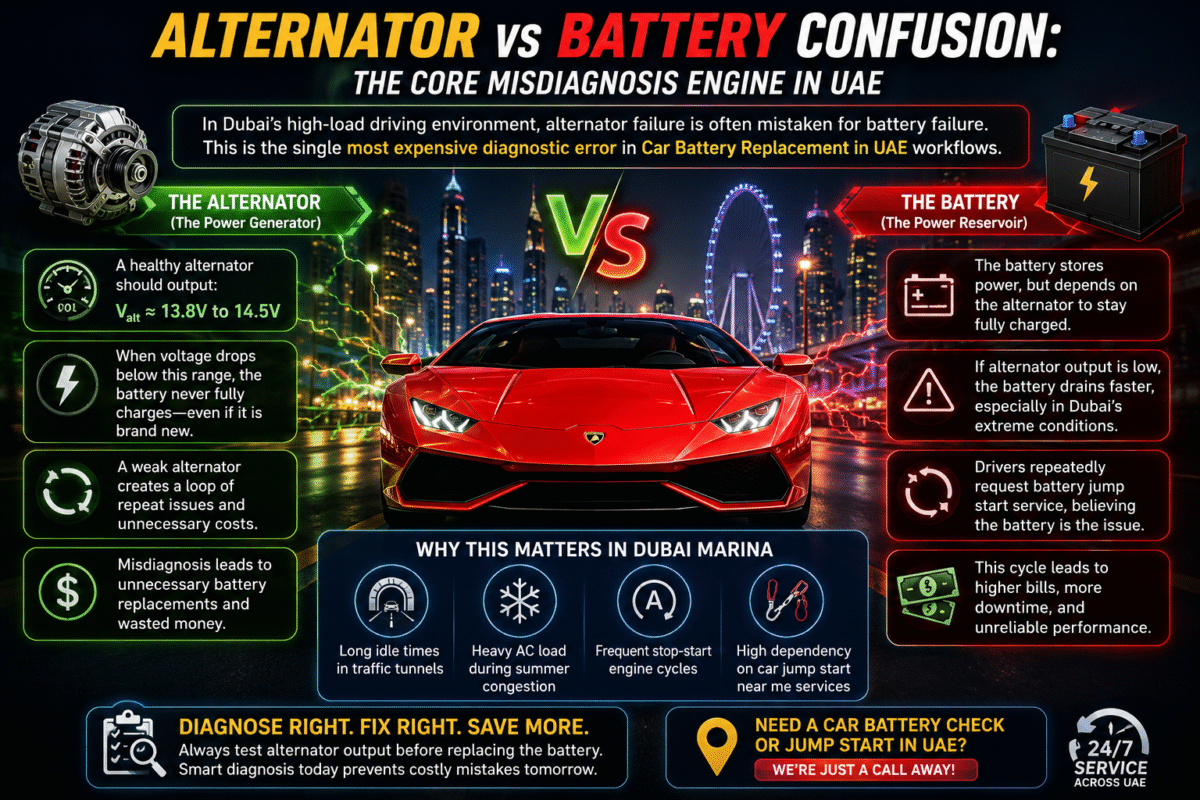 Premium Dubai Marina automotive infographic showing a luxury vehicle undergoing battery and alternator diagnostics, electrical-system analysis, charging-system testing, and advanced fault detection.Case Study: Dubai Marina Battery Misdiagnosis