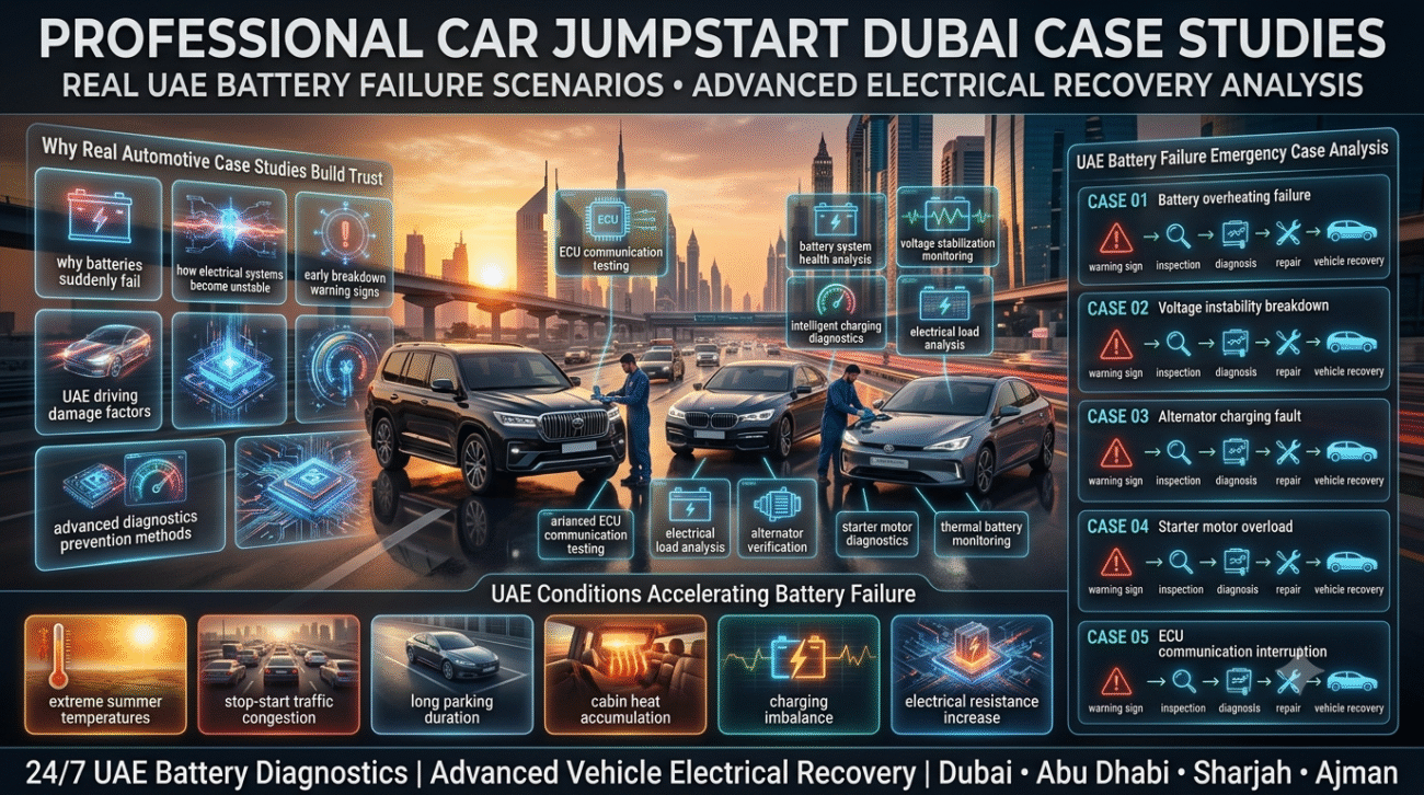 Luxury SUV roadside battery recovery scene in Dubai with advanced ECU diagnostics, battery failure analysis, jump start testing, and professional UAE roadside technicians performing electrical recovery inspection in futuristic cinematic 16:9 format.