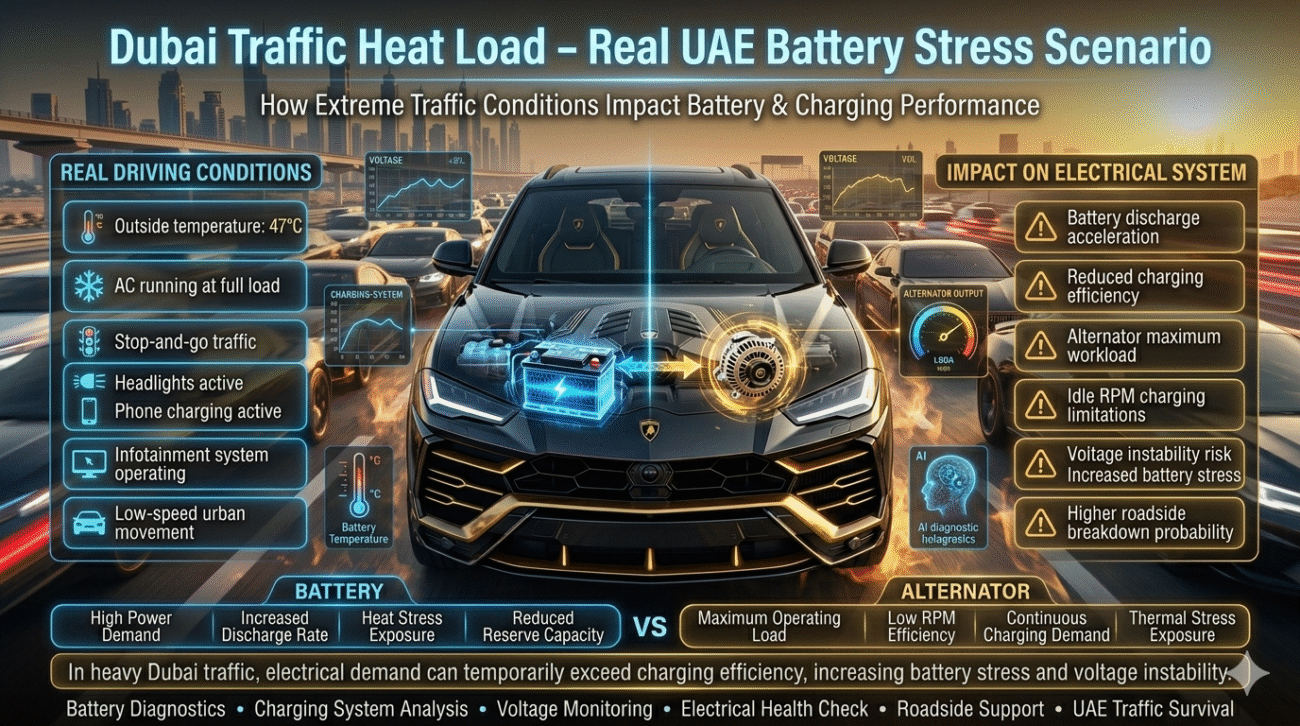 Premium Dubai automotive infographic showing a luxury vehicle in Sheikh Zayed Road traffic with battery stress, alternator load analysis, voltage monitoring, heat effects, and electrical system diagnostics..UAE Heat Impact: Alternator vs Battery Difference in Desert Climate