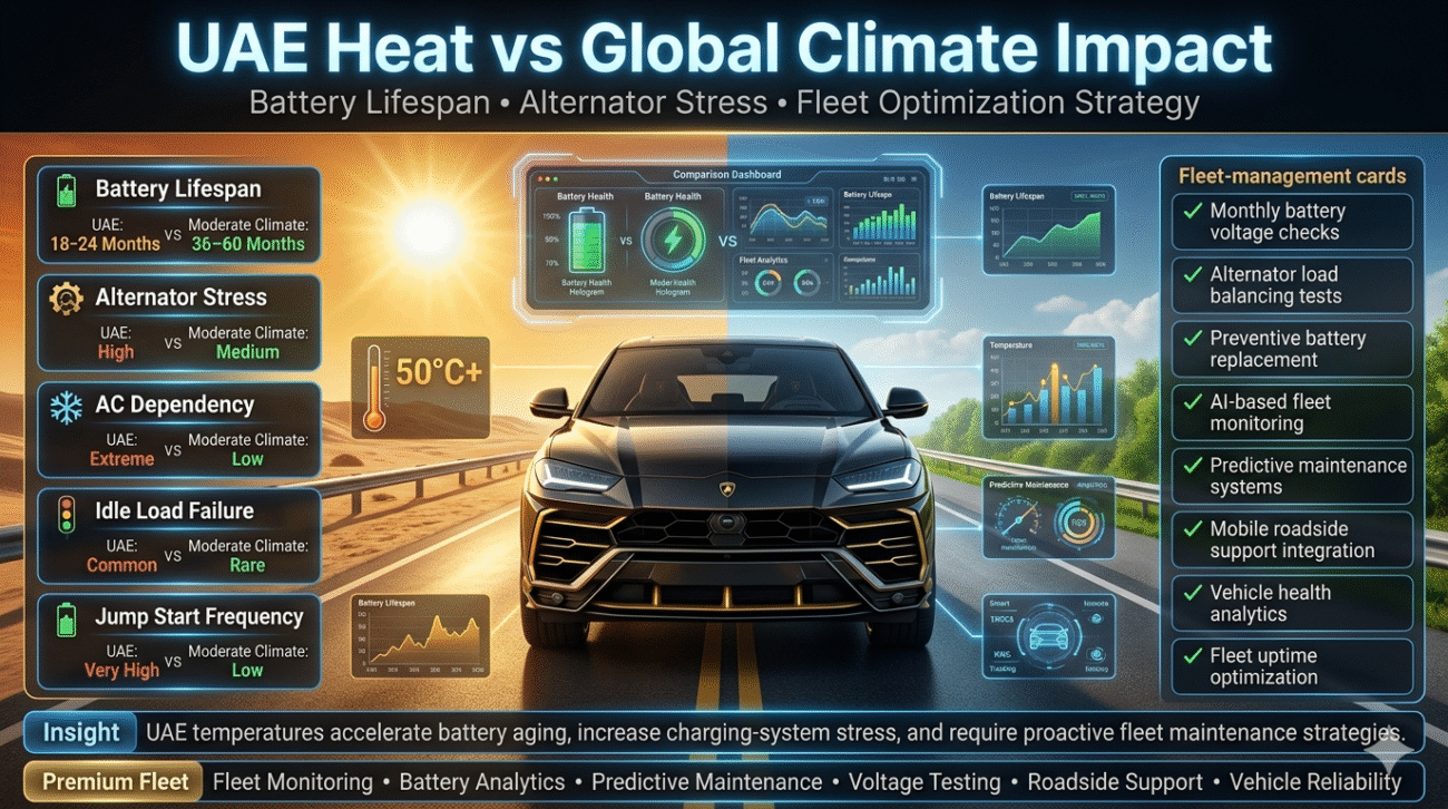 Premium automotive infographic comparing UAE desert climate and moderate climate battery performance, alternator stress levels, fleet maintenance strategies, AI fleet monitoring systems, and battery lifespan analytics.