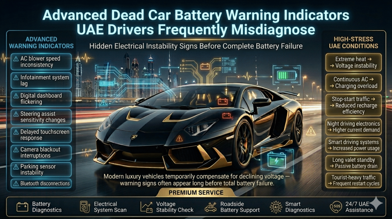Premium UAE automotive infographic showing advanced battery warning indicators including dashboard flickering, infotainment lag, parking sensor interruptions, AC inconsistency, and voltage instability symptoms in luxury vehicles.