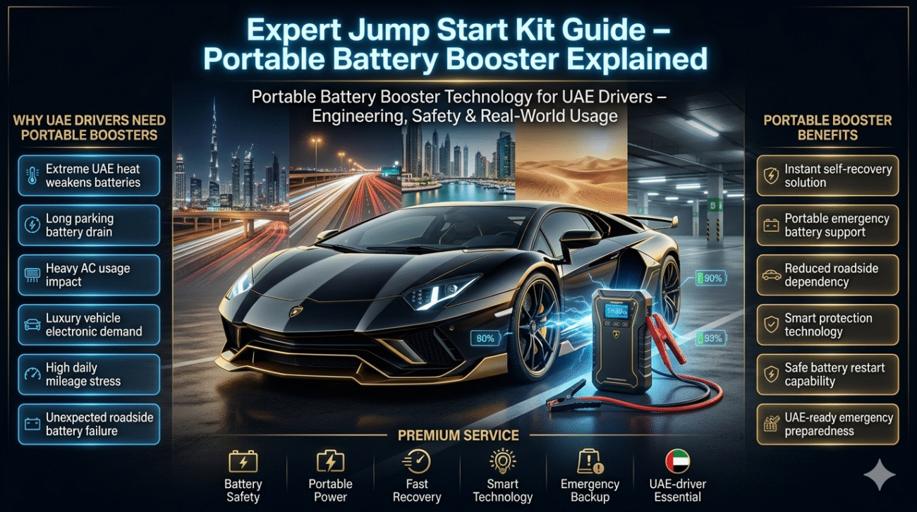 Premium automotive infographic showing a luxury sports car beside a portable battery booster device explaining jump start technology, emergency battery recovery, and portable power solutions for UAE drivers.