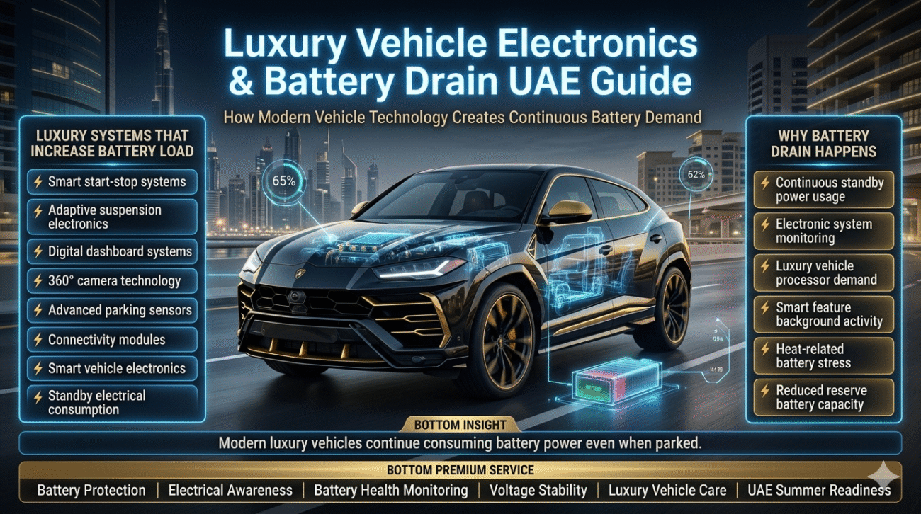 Why Car Batteries Fail In UAE Heat ,Premium UAE automotive infographic showing luxury vehicle electronic systems creating battery drain including digital dashboards, cameras, sensors, connectivity systems, and standby battery usage.