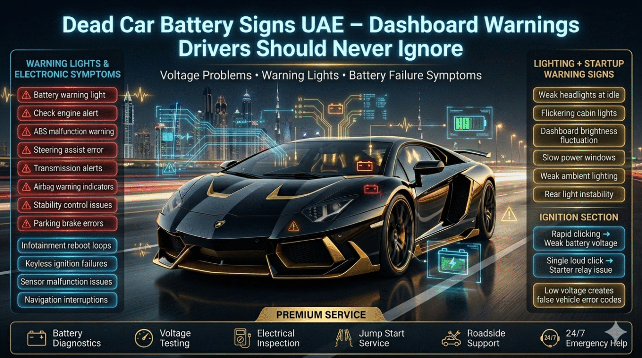 Premium automotive infographic showing dashboard warning lights, flickering vehicle electronics, dim headlights, clicking ignition symptoms, and battery voltage problems for UAE drivers.Dead Car Battery Signs – Early Warnings Drivers Should Never Ignore