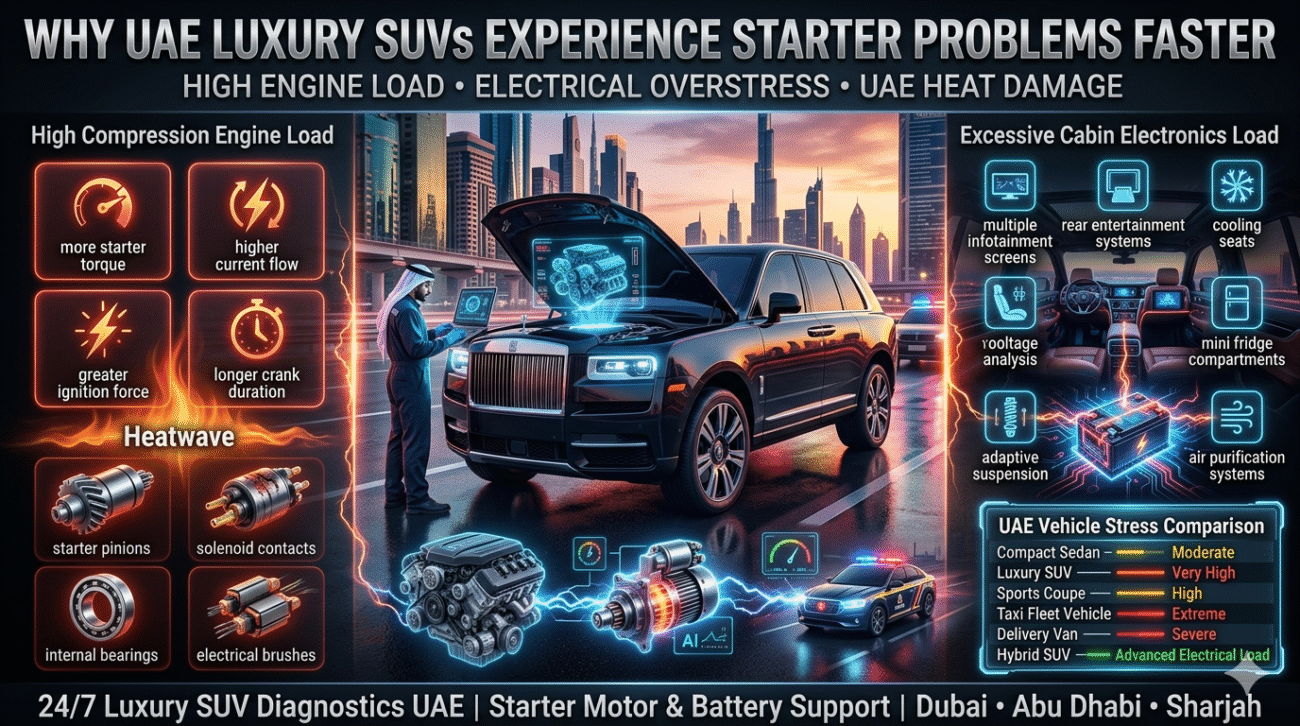 Why UAE Luxury SUVs Experience Starter Problems Faster Than Smaller Cars Luxury UAE SUV with advanced starter motor diagnostics and heavy electrical load visualization, showing high compression engine stress, premium cabin electronics, and roadside assistance analysis in a cinematic futuristic 16:9 automotive infographic.