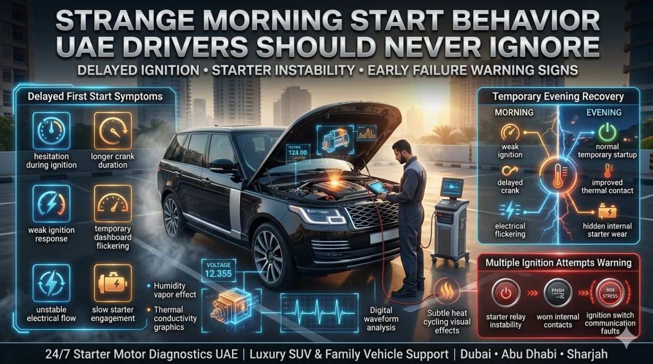 Strange Morning Start Behavior UAE Drivers Should Never Ignore Luxury SUV experiencing delayed morning ignition in Dubai with futuristic starter diagnostics, weak electrical flickering, thermal expansion visuals, and roadside technician analysis in a cinematic 16:9 automotive infographic.
