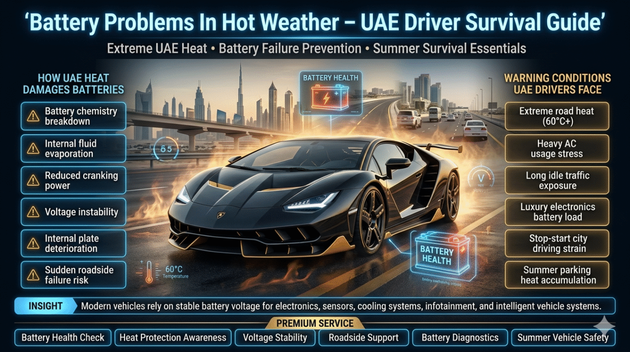 Premium UAE automotive infographic showing extreme summer heat effects on vehicle batteries, overheating battery warning signs, battery health diagnostics, and roadside battery protection guidance.