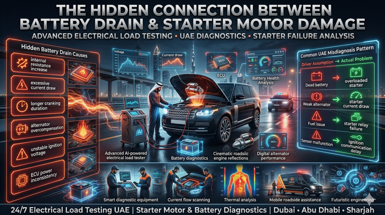 The Hidden Connection Between Battery Drain & Starter Motor Damage in UAE Vehicles Futuristic automotive diagnostic infographic showing the hidden connection between battery drain and starter motor damage in UAE vehicles, featuring luxury SUV electrical load testing, ECU voltage analysis, and roadside technician diagnostics in cinematic 16:9 format.