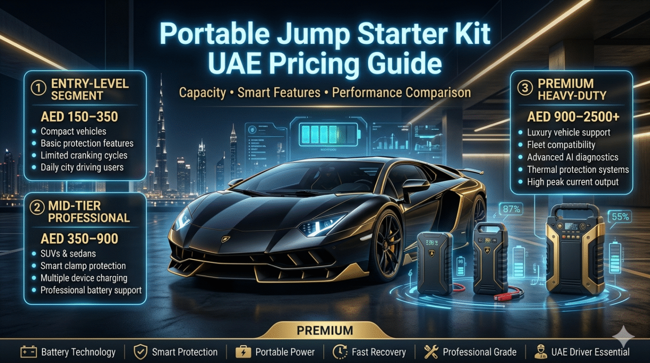 Portable Jump Starter Kit UAE Pricing Guide – Features & Performance Breakdown Premium automotive infographic comparing portable jump starter kit pricing in UAE including entry-level, mid-tier professional, and heavy-duty battery booster categories beside a luxury vehicle.