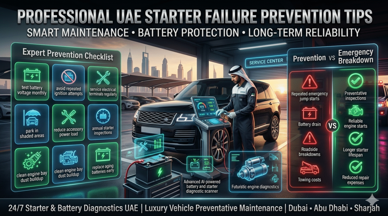 Professional UAE Starter Failure Prevention Tips | Avoid Emergency Breakdowns Professional UAE automotive technician performing preventative starter motor maintenance on a luxury SUV in Dubai, showing battery voltage testing, terminal cleaning, shaded parking strategies, and advanced roadside prevention diagnostics in a futuristic 16:9 infographic.
