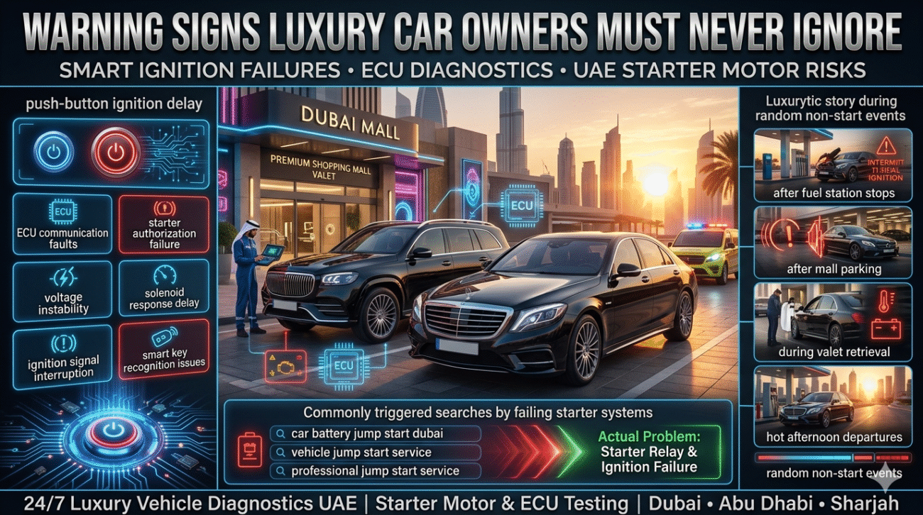 Luxury Car Starter Warning Signs UAE Drivers Must Never Ignore Luxury car with push-button ignition failure diagnostics in Dubai, showing ECU communication faults, starter relay deterioration, voltage instability, and roadside technician analysis in a futuristic 16:9 automotive infographic.