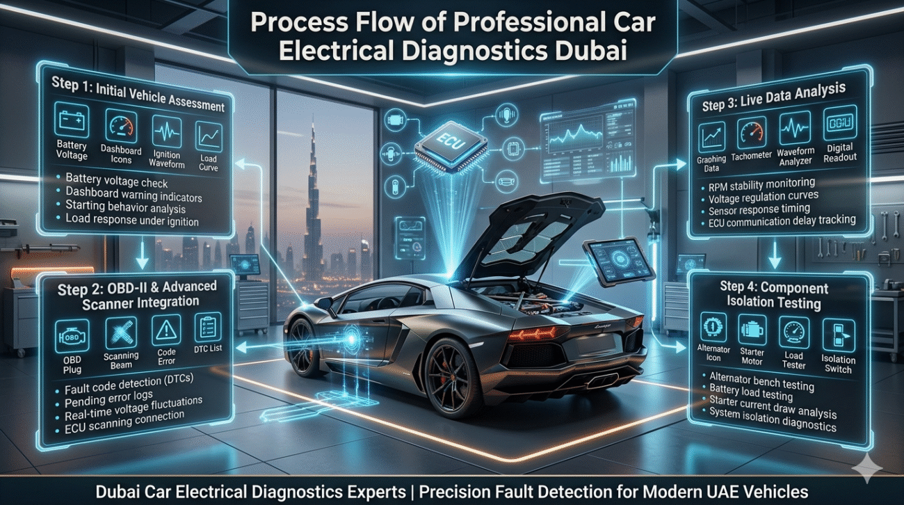 Futuristic Dubai car electrical diagnostics workflow showing a luxury vehicle surrounded by holographic step-by-step diagnostic process including OBD scanning, live data analysis, and thermal imaging testing.Dubai Car Electrical Diagnostics Experts | Fast Fault Detection 24/7
