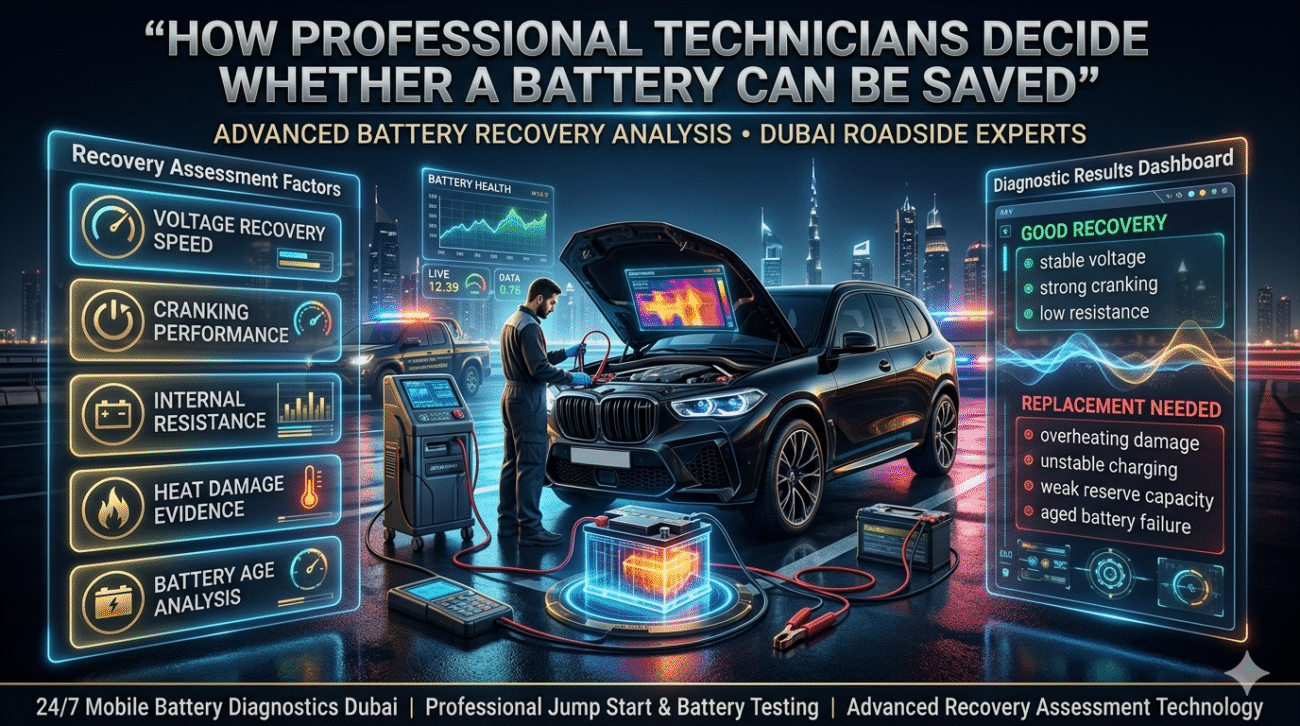 Professional roadside technician evaluating car battery recovery potential using advanced diagnostic tools in Dubai, showing voltage recovery testing, cranking analysis, internal resistance monitoring, and heat damage inspection in a futuristic 16:9 automotive infographic design.