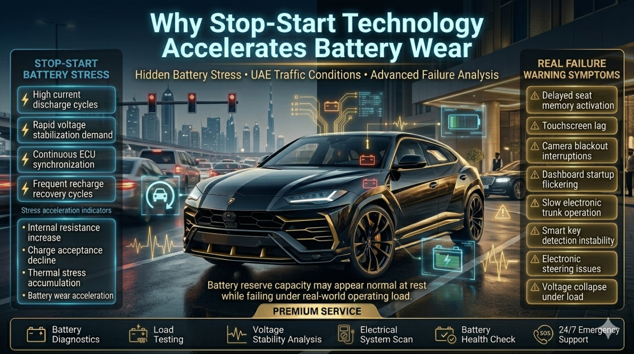 Premium UAE automotive infographic showing stop-start battery stress, voltage instability, luxury vehicle battery degradation symptoms, and advanced electrical failure warning indicators.