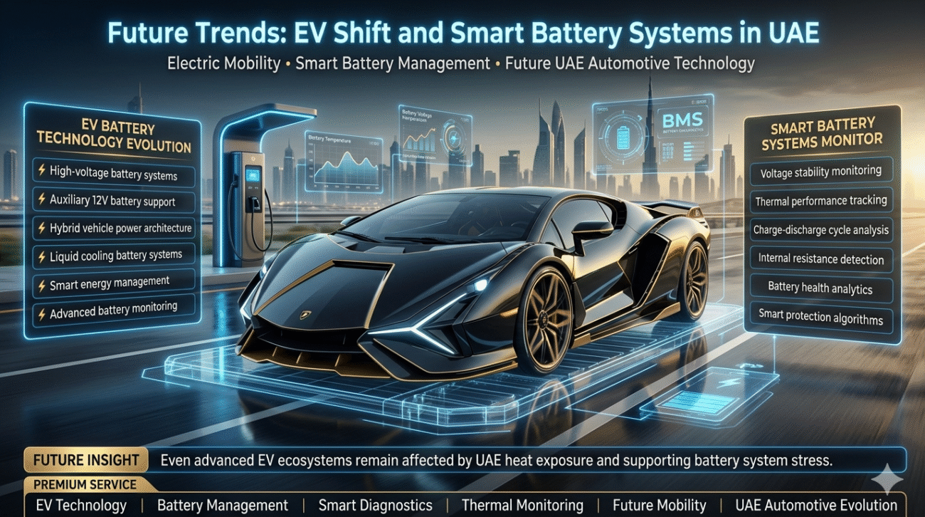 Premium UAE automotive infographic showing electric vehicle battery systems, battery management technology, thermal monitoring systems, and future smart battery trends in UAE mobility environments.