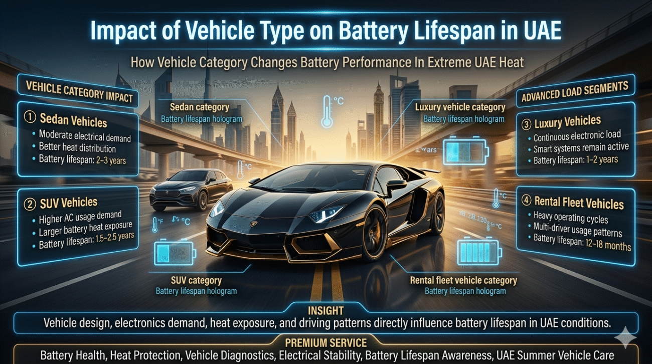 Premium UAE automotive infographic showing battery lifespan differences between sedan vehicles, SUVs, luxury cars, and rental fleet vehicles under UAE heat conditions.
