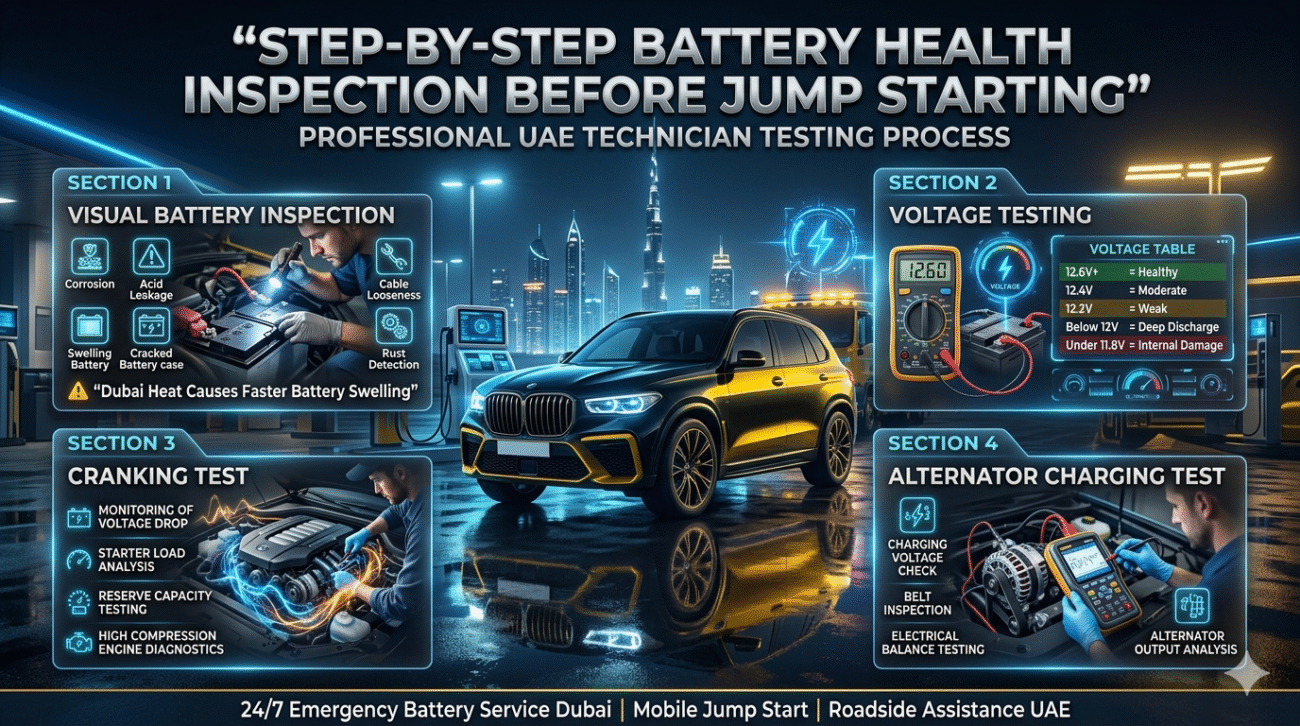 Professional step-by-step car battery inspection infographic showing technicians performing visual battery checks, voltage testing, cranking analysis, and alternator diagnostics on a luxury vehicle in Dubai with futuristic automotive UI design and emergency roadside assistance styling.