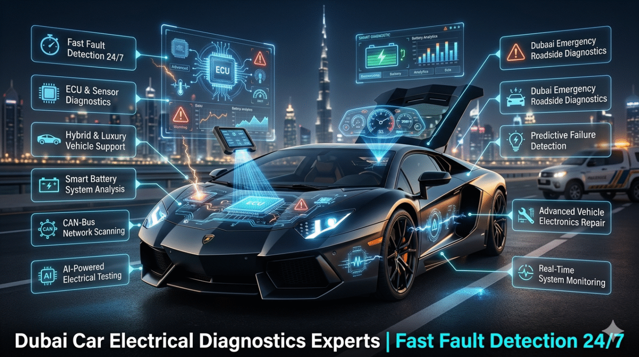Luxury Lamborghini in Dubai surrounded by futuristic AI-powered car electrical diagnostic systems, holographic ECU scanning visuals, smart battery analytics, and advanced vehicle fault detection graphics for modern UAE vehicles.