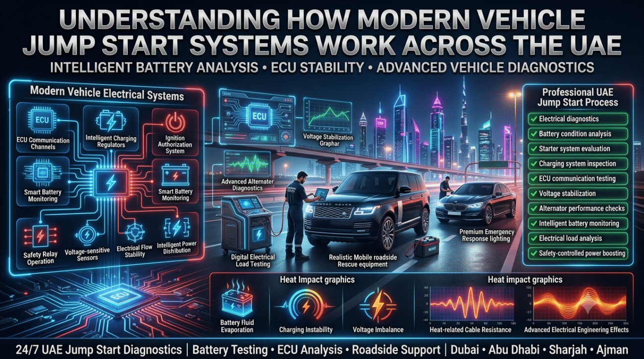 Professional UAE roadside technician performing advanced vehicle jump start diagnostics on a luxury SUV with futuristic ECU communication scans, battery analysis systems, voltage stabilization monitoring, and smart automotive electrical testing .Car Jumpstart Dubai Guide No.1 | UAE Battery & Roadside Guide 24/7