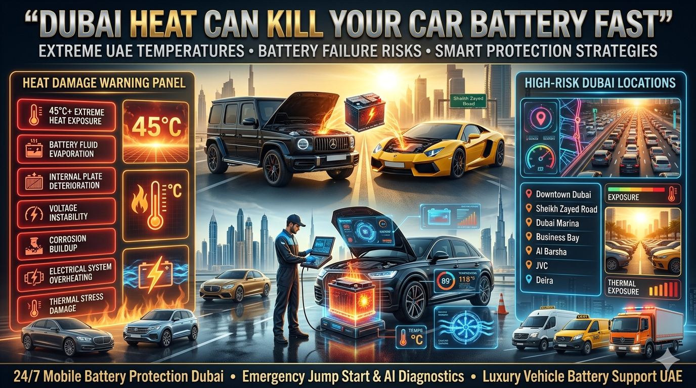 Luxury vehicle in extreme Dubai summer heat with glowing damaged battery visualization, futuristic thermal diagnostics, and roadside assistance technician showing how high temperatures destroy car batteries across UAE in a cinematic 16:9 automotive infographic.