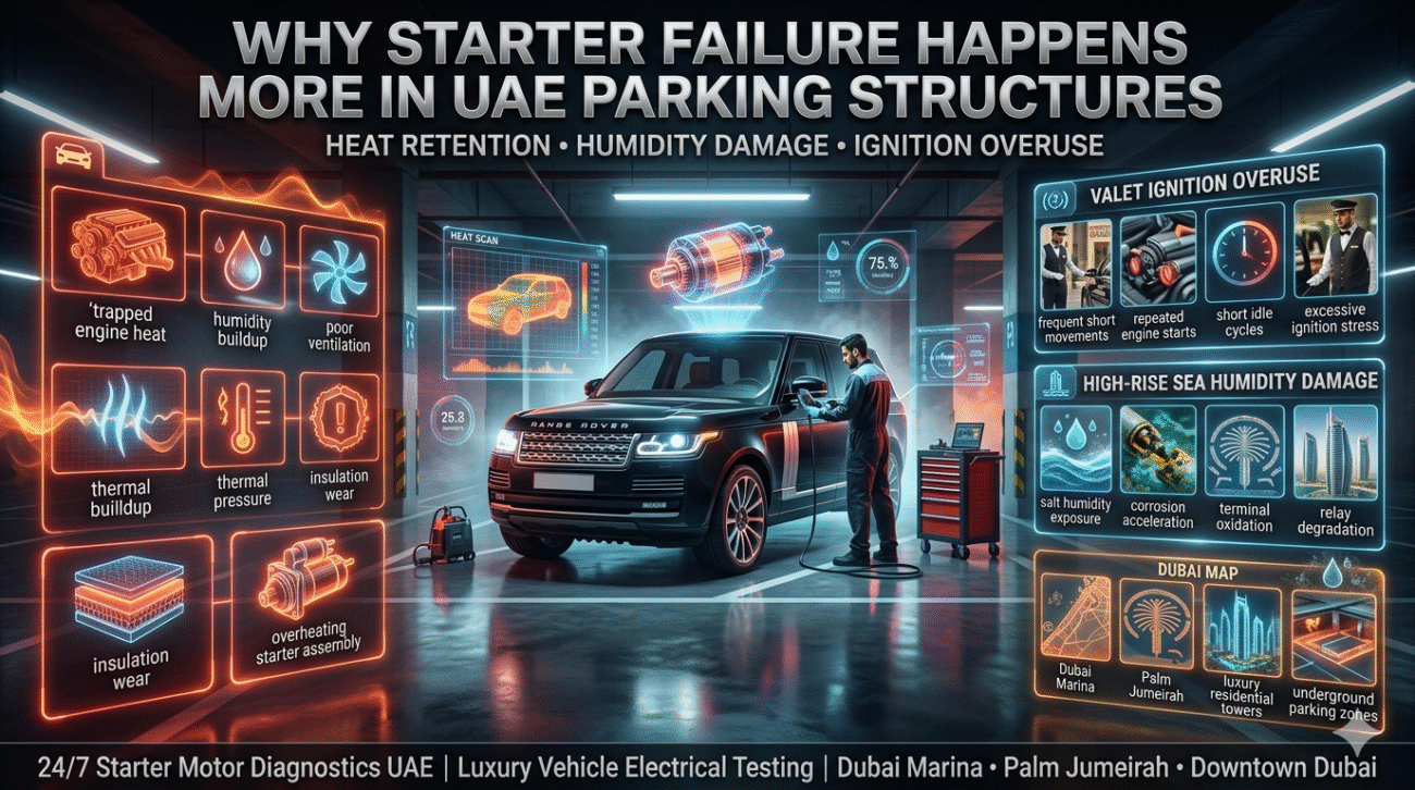 Why Starter Failure Happens More in UAE Parking Structures Luxury SUV parked inside a Dubai underground parking structure with futuristic starter motor heat diagnostics, humidity corrosion analysis, valet ignition stress visuals, and roadside electrical system inspection in cinematic 16:9 format.