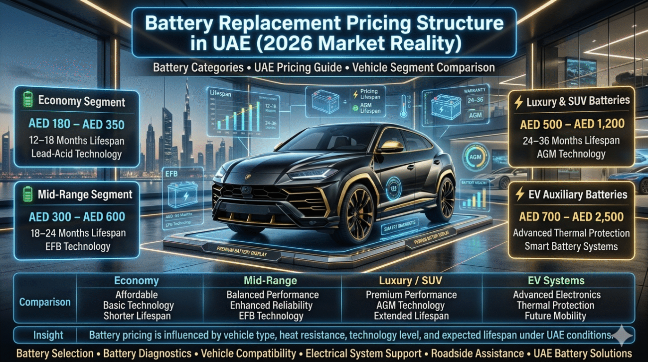 Premium UAE automotive infographic comparing battery replacement pricing, battery technologies, lifespan expectations, EV auxiliary batteries, AGM batteries, EFB batteries, and vehicle battery categories.