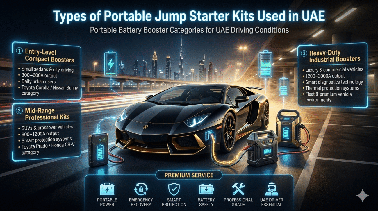 Types of Portable Jump Starter Kits Used in UAE Expert Jump Start Kit Guide – Portable Battery Booster Explained.Premium automotive infographic showing portable jump starter kit categories in UAE including compact boosters, professional battery boosters, and heavy-duty jump starter systems beside a luxury vehicle.