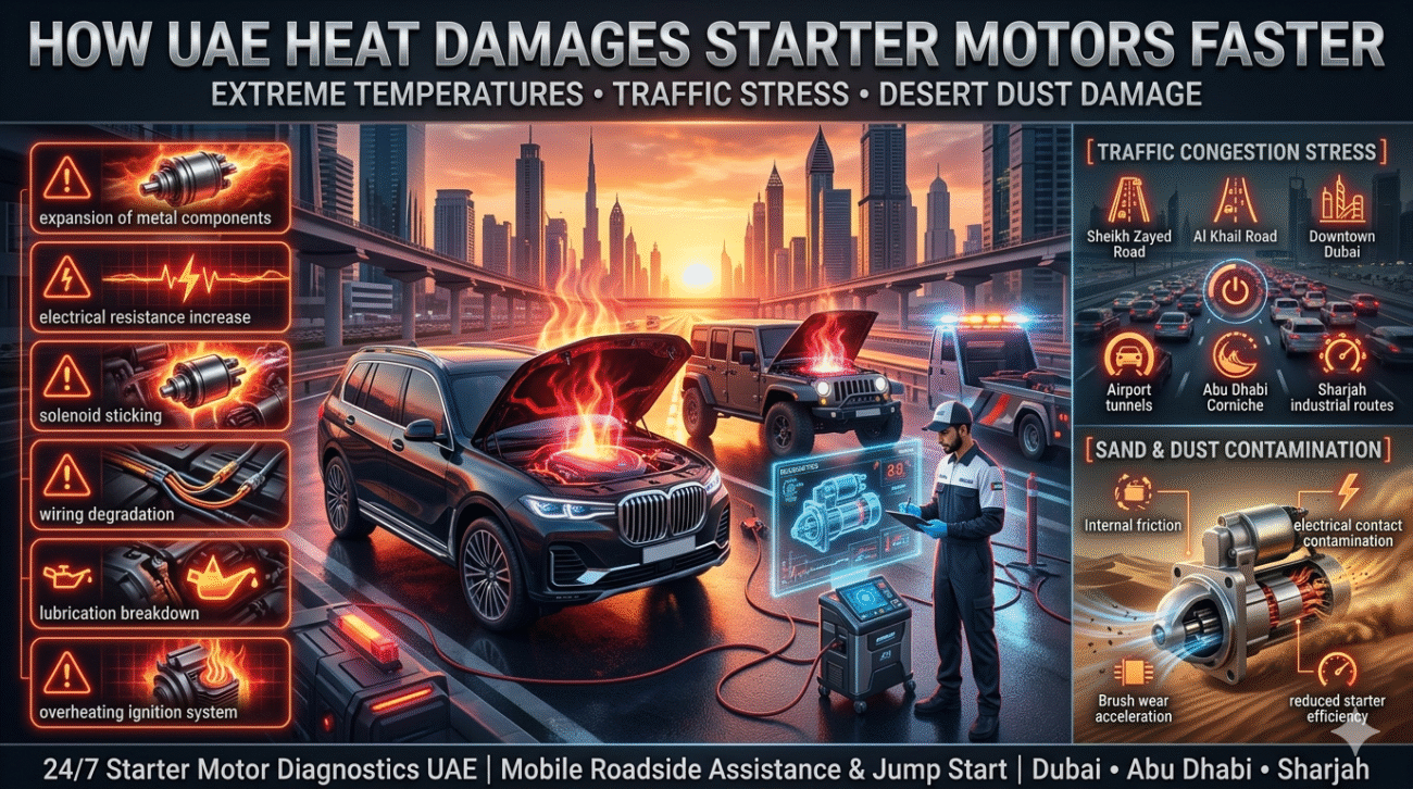 How UAE Heat Damages Starter Motors Faster | Dubai Starter Failure Expert Guide Futuristic automotive infographic showing how UAE heat, traffic congestion, and desert dust damage vehicle starter motors in Dubai, featuring luxury SUVs, glowing engine diagnostics, thermal stress visuals, and roadside assistance support in cinematic 16:9 format.UAE Starter Motor Warning Signs 99+ | Expert Guide 24/7 Dubai Roadside Support