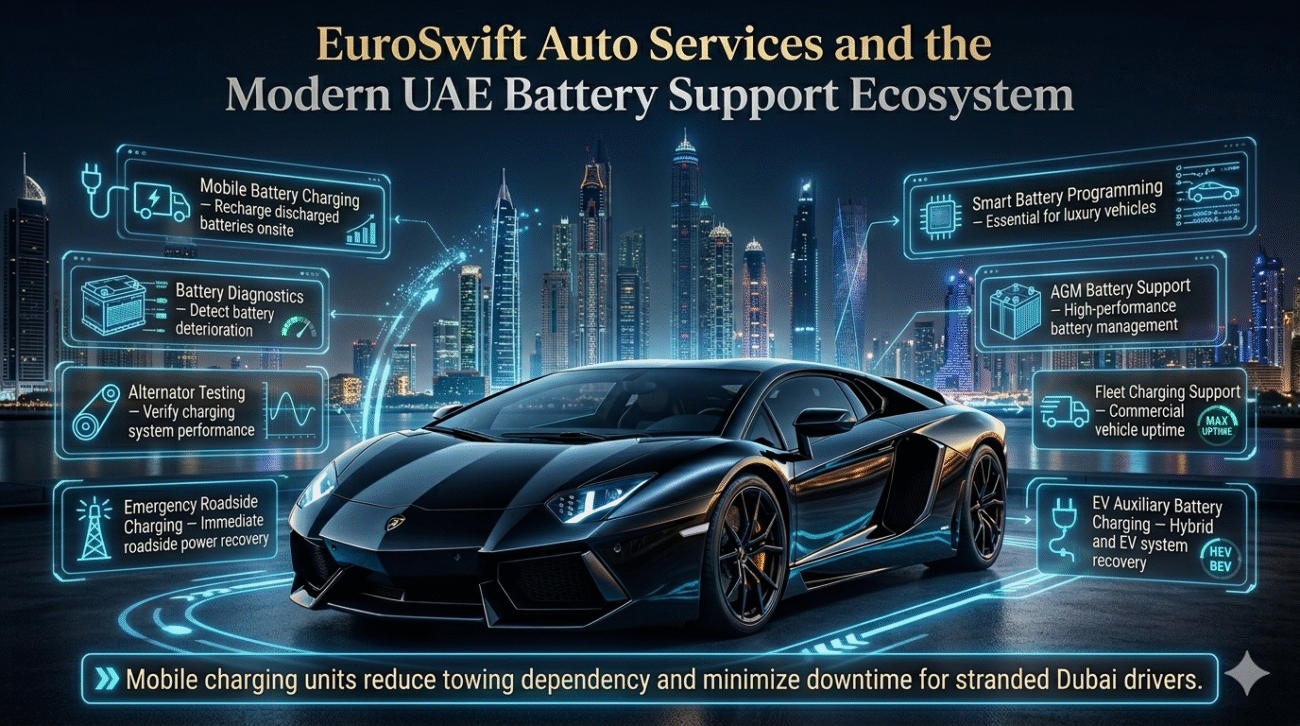 Luxury Lamborghini surrounded by futuristic UAE battery charging and roadside assistance infographic panels representing EuroSwift Auto Services mobile support ecosystem.