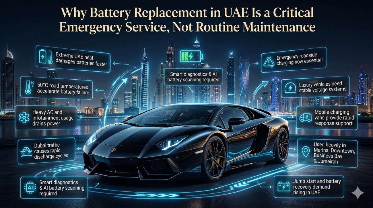 Luxury Lamborghini with futuristic battery charging infographic explaining why battery replacement and emergency charging services are essential in Dubai and UAE heat conditions.