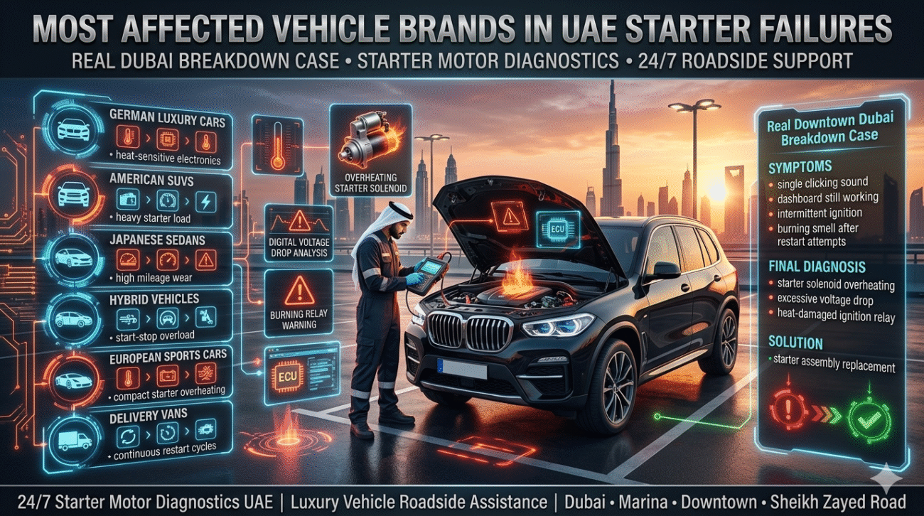 Most Affected Vehicle Brands in UAE Starter Failures | Real Dubai Breakdown Case Luxury SUV breakdown in Downtown Dubai with advanced starter motor diagnostics, overheating solenoid analysis, roadside technician support, and futuristic automotive failure infographic showing most affected UAE vehicle brands in cinematic 16:9 format.