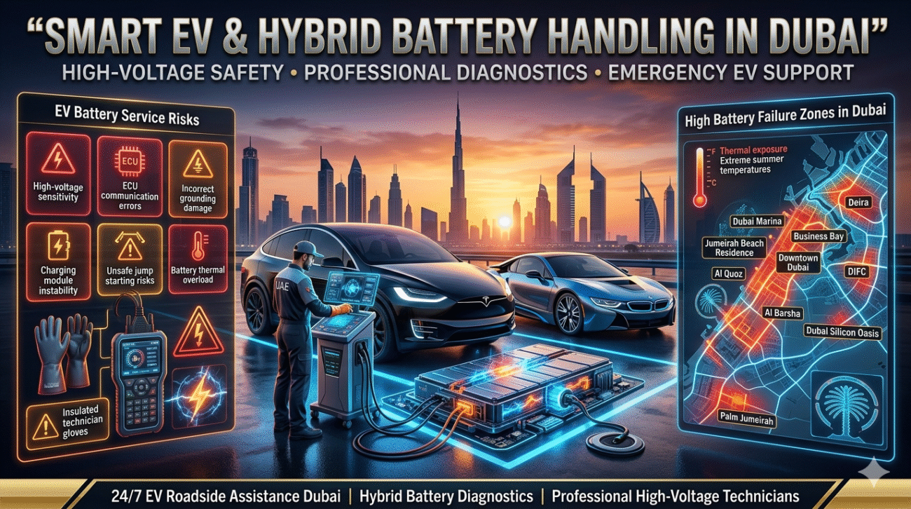Futuristic electric and hybrid vehicle battery service infographic showing high-voltage EV diagnostics, insulated technician equipment, Dubai heat exposure risks, and high battery failure zones across Dubai in a premium 16:9 automotive emergency assistance design.How to Check Car Battery Health Before Jumpstart Dubai –  Powerful Expert Guide with 99+Smart Checks