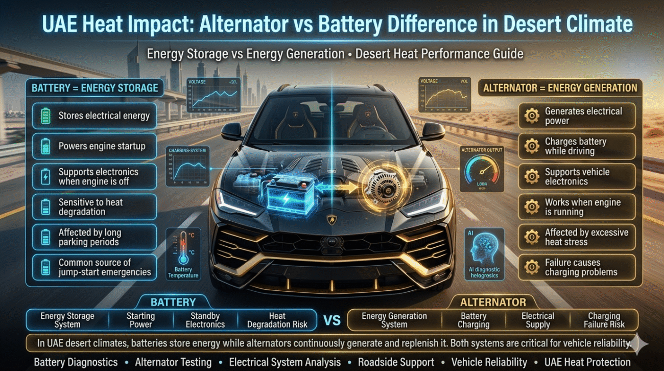 Premium UAE automotive infographic comparing alternator and battery functions in desert heat, showing energy storage, electrical generation, charging systems, battery diagnostics, and vehicle electrical performance.