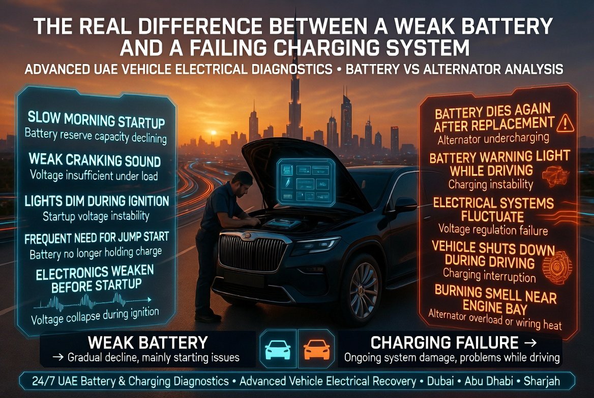 Luxury SUV roadside diagnostics in UAE showing weak battery versus charging system failure comparison, advanced alternator testing, battery voltage analysis, and futuristic automotive electrical inspection in cinematic 16:9 infographic style.
