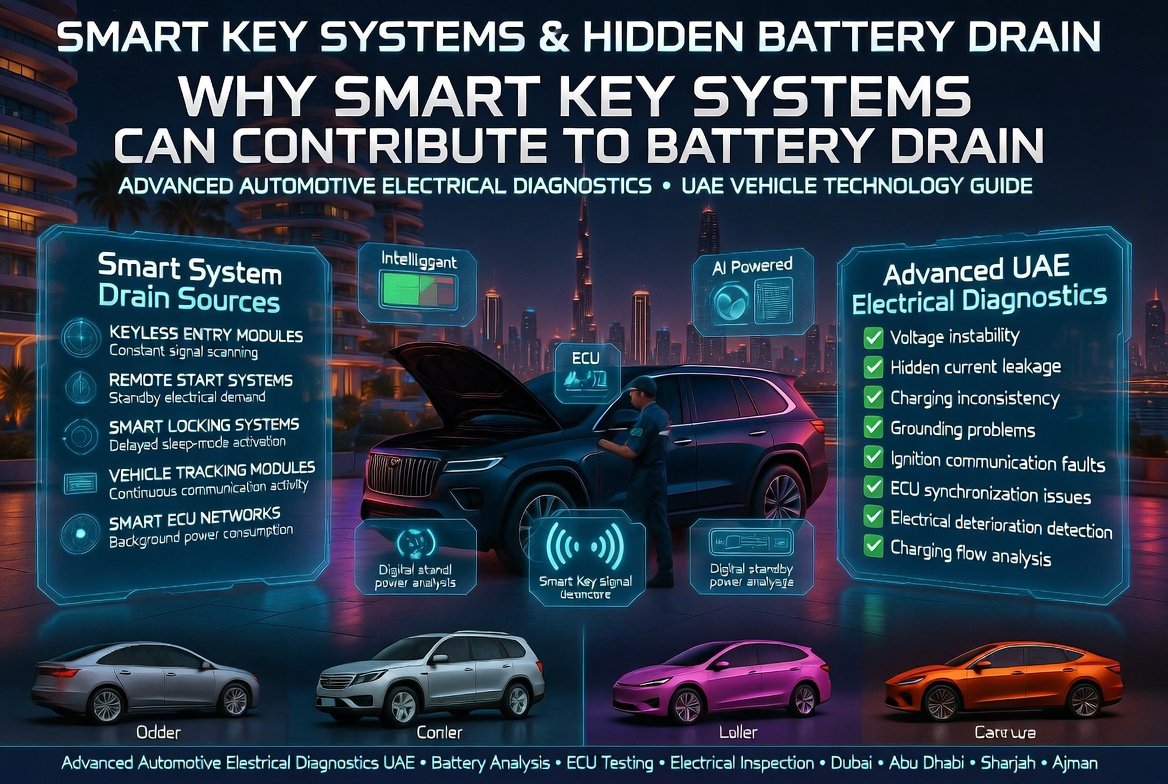Luxury modern SUV in Dubai with futuristic smart key diagnostics interface, ECU communication visualization, battery drain analysis, and advanced automotive electrical diagnostics displayed in a premium cinematic 16:9 automotive infographic.