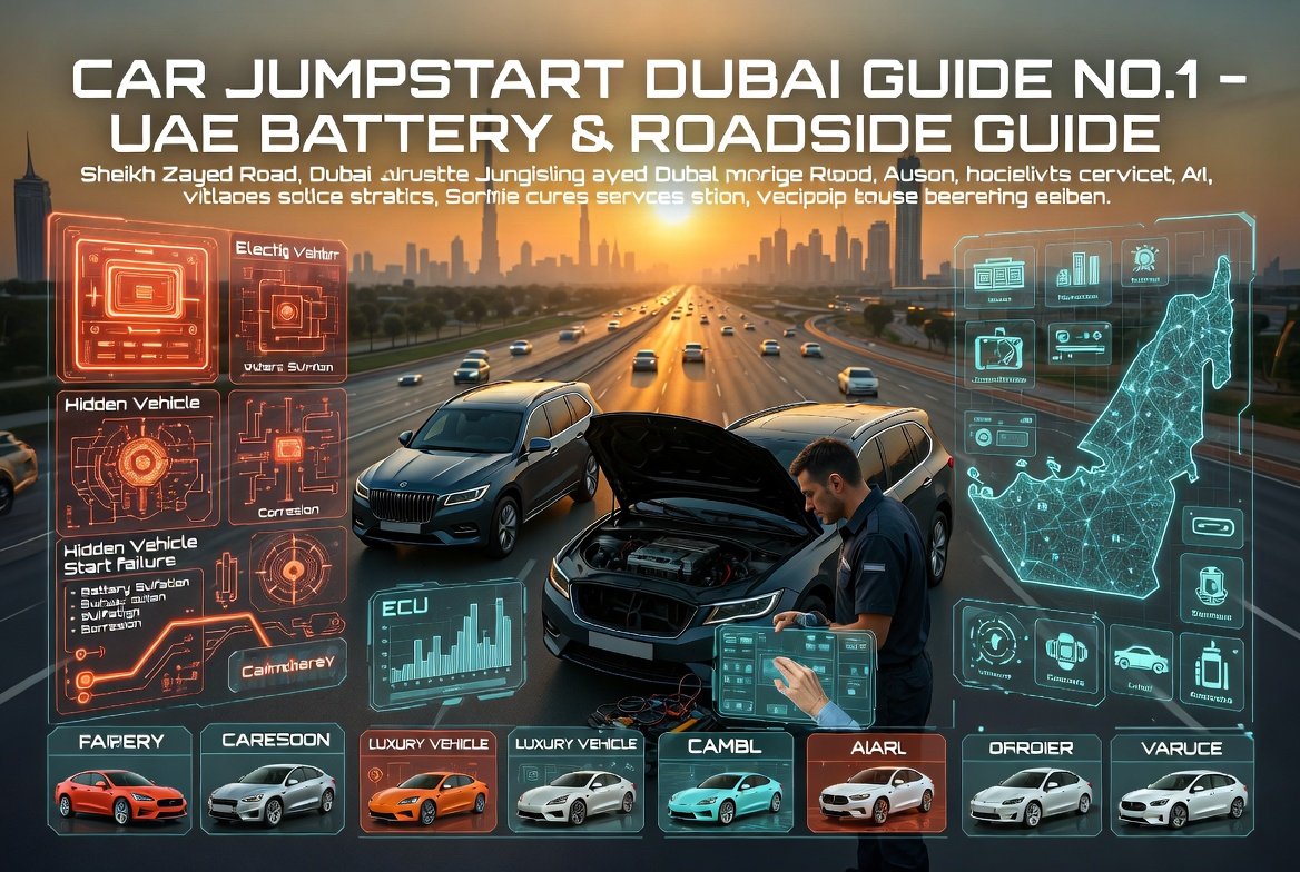 Luxury SUV stranded on Dubai highway with advanced battery diagnostics, roadside jump start support, ECU system analysis, and futuristic UAE emergency vehicle recovery visuals in cinematic 16:9 automotive infographic style.