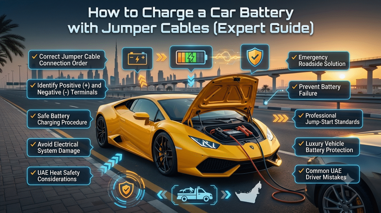 Professional guide showing a Lamborghini jump-starting a car battery with jumper cables in Dubai, including battery charging steps, safety instructions, and UAE roadside assistance information.How to Charge a Car Battery with Jumper Cables (Expert Guide)