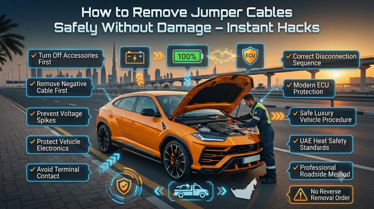 Technician safely removing jumper cables from a Lamborghini in Dubai using the correct battery disconnection sequence to protect vehicle electronics and ECU systems.How to Remove Jumper Cables Safely Without Damage – Instant Hacks