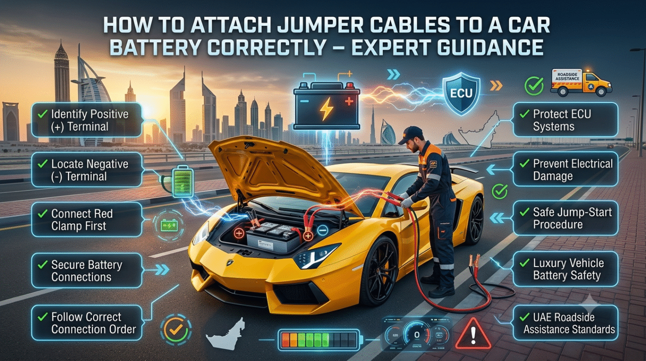 Professional technician correctly attaching jumper cables to a Lamborghini battery in Dubai, showing positive and negative terminal connections with safety guidance.How to Attach Jumper Cables to a Car Battery Correctly – Expert Guidance